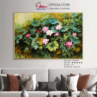 Tranh sơn dầu số hoá hoa sen tự tô màu theo số trang trí treo tường chưa căng khung HL3050