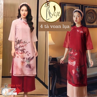 Áo dài cách tân nữ tết 4 tà tơ ánh màu đỏ và hồng