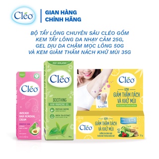 Bộ Tẩy lông nách chuyên sâu Cleo gồm kem tẩy lông da nhạy cảm 25g, gel dịu da 50g và kem giảm thâm nách khử mùi 35g