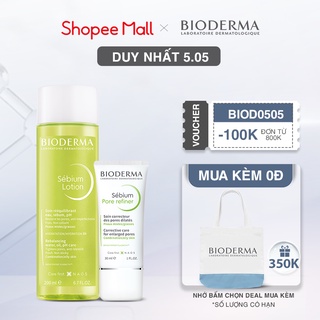 Bộ đôi nước cân bằng cho da hỗn hợp, da dầu Bioderma Sebium Lotion 200ml và Kem dưỡng se nhỏ lỗ chân lông 30ml