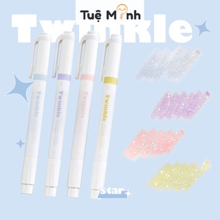 Bộ 4 bút higlight 2 đầu nhũ kim tuyến Twinkle B43 màu dạ quang ánh kim bút nhớ Pastel