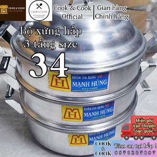 [CHÍNH HÃNG] Bộ xửng hấp 3 tầng size 34, 36 nhôm Mạnh Hùng chuyên hấp bánh bao/hải sản/thực phẩm