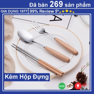 Bộ Đũa Thìa Dĩa Inox Cán Gỗ Cao Cấp Kèm Hộp Đựng Bằng Lúa Mạch An Toàn Tiện Lợi Cho Team Văn Phòng