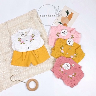 Bộ bé gái áo cổ tầu thêu hoa và quần đùi nơ 4 mầu XHN883