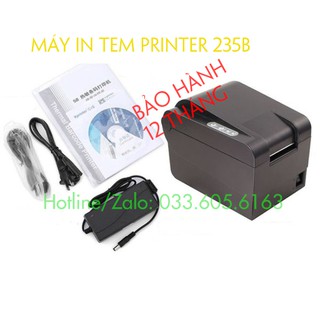 Máy in tem mã vạch dán ly trà sữa hãng Xprinter 235B sử dụng cuộn tem 50x30mm hoặc 40x30mm