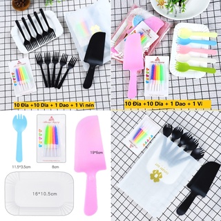 Bộ phụ kiện ăn bánh kem 10 người, trang trí bánh sinh nhật, set dao dĩa dùng 1 lần