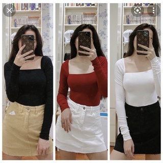 Áo kiểu croprop cổ U tay dài cực xinh , chất thun bozip mềm mịn dày L1