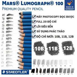 Bút chì xanh cao cấp Staedtler Mars Lumograph 100 (9H,8H,7H,6H,5H,4H,3H,2H,H,F,HB,B,2B,3B,4B,5B,6B,7B,8B,9B,10B,11B,12B)
