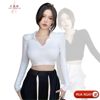 Áo Croptop Cổ Polo Dài Tay Thắt Nơ Lưng Chất Borip Cực Sang Cực Đẹp-C32