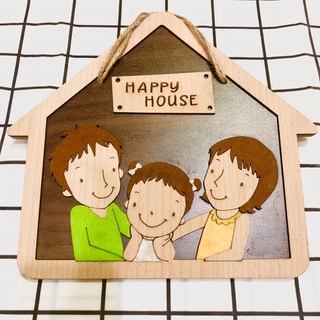 Bảng gỗ hình ngôi nhà gia đình Happy house tặng kèm móc dán treo phòng ngủ xinh xắn