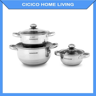 Bộ nồi inox 3 đáy SUNHOUSE - 334 Vung kính cường lực, chịu nhiệt tốt bề mặt inox sáng bóng