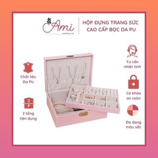 Hộp Đựng Trang Sức Nữ Trang 2 Tầng Bằng Da PU Có Khoá Cao Cấp