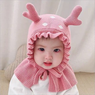 Mũ kèm khăn cho bé gái, mũ len kèm khăn quàng cổ sừng hươu siêu siêu đáng yêu