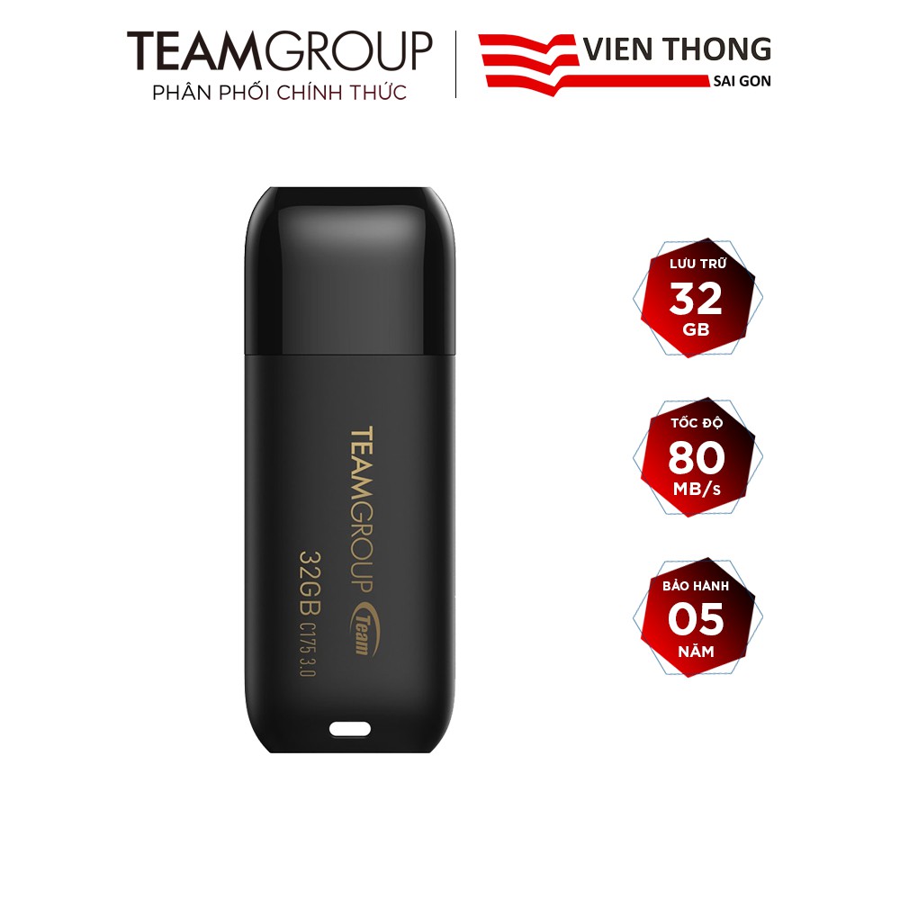USB 32GB TeamGroup C175 Chuẩn USB 3.2 Tốc Độ Cao 80MB/s Thiết Kế Đen Thời Trang Cho Máy Tính, Laptop - Chính Hãng