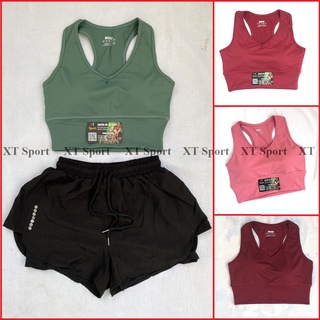 Quần áo tập Gym nữ cao cấp, Bộ tập chất đẹp có mút nâng ngực quần đùi 2 lớp kết hợn bra cổ tim GM789