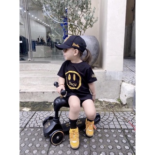 Đồ bộ cộc tay bé trai bé gái kèm mũ chất cotton tàu mặt cười