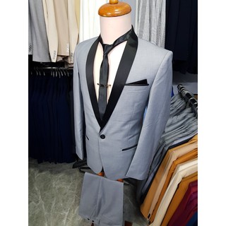 Bộ vest nam ôm body xám ghi cổ sam đen chất vải mềm mịn + cà vạt kẹp