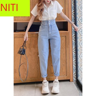 [ NY78 ] QUẦN BAGGY JEAN NỮ LƯNG CAO 4 ĐAI 2 NÚT LAI CUỐN MÀU XANH NHẠT CAO CẤP NITI ĐỦ SIZE S, M, L SIÊU XỊN SÒ