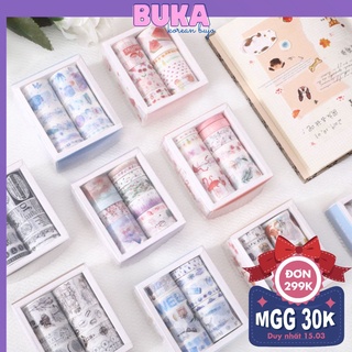 Hộp 10 washi tape Masking nhiều họa tiết - băng keo washi 4 kích thước vintage trang trí sổ bullet journal