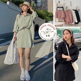 Set áo sơ mi tay dài form rộng kèm chân váy ngắn chữ A, Set đồ nữ sơ mi dáng rộng, chân váy ngắn mà xanh, đen, hồng