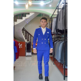Bộ vest nam 6 nút màu xanh coban tặng kèm combo phụ kiện