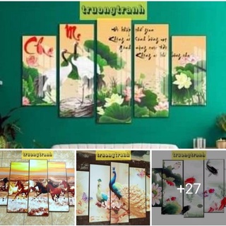 Tranh tráng gương bộ ghép 5 tấm cỡ 90x150cm, tranh hiện đại sen, hươu, đồng quê, mã đáo thành công tài lộc, tranh canvas