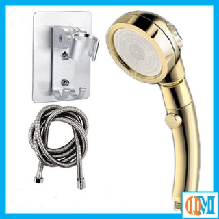 Bộ vòi hoa sen tăng áp Mạ Vàng cao cấp có nút bật tắt trên thân đủ bộ Tay sen + dây sen + cài Nhôm dán - QM.TS016B3