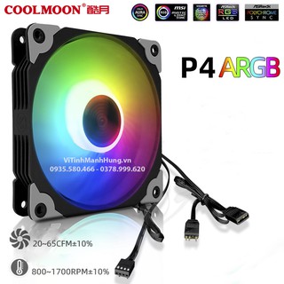 Quạt CoolMoon P4–12cm–ARGB–4 pin PWM–1800 rpm, Led tự động, Sync Mainboard hay Hub CoolMoon, có thể thay quạt CR1000GT