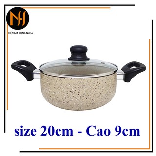 Nồi vân đá phủ chống dính GreenCook GCS03/Happycook 16cm nắp kính cường lực size 16/20cm sâu 9cm - Màu ngẫu nhiên