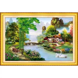 Tranh Đính Đá LÀNG QUÊ THANH BÌNH (ĐÁ ABC CAO CẤP). Kích Thước: 80cm x 50cm