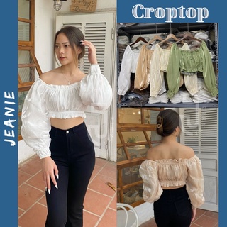 Áo croptop tay dài nữ JEANIE áo kiểu trễ vai chất voan lụa không nhăn 3 lớp sang chảnh