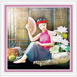 Tranh Đính Đá THIẾU NỮ BÊN HOA SEN (ĐÁ ABC CAO CẤP). Kích Thước: 55cm x 55cm