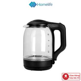 Ấm siêu tốc thủy tinh HAEGER 2 lít, bình đun siêu tốc thủy tinh trong suốt công suất 2000W