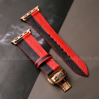 Dây da thủ công Epsom Đen Mix Đỏ dành cho Apple Watch Series 1/2/3/4/5/6/7/SE, đồng hồ thông minh, đồng hồ cơ