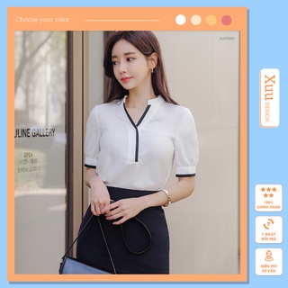 Áo sơ mi nữ tay ngắn Xuu Design, Áo sơ mi nữ kiểu cổ V, chất vải đẹp, hàng công sở thiết kế -SP18