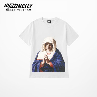 Áo thun tay lỡ NELLY cotton 4 chiều dáng unisex in hình đức mẹ mã N0080