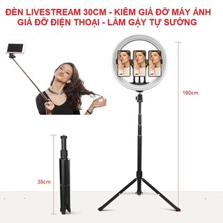 Đèn Livestream 30cm 4in1, Tặng Kẹp Điện Thoại - Chân Rút Cao 190cm - Làm Chân Đỡ Máy Ảnh - Làm Gậy Chụp Ảnh