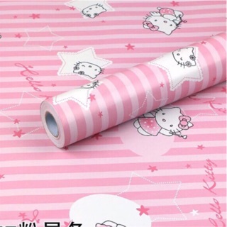 Giấy dán tưởng hình hello kitty hồng kẻ khổ 45 cm