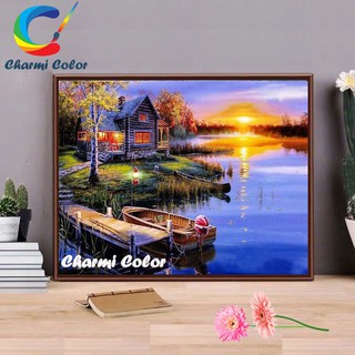 Tranh sơn dầu số hoá có khung đã căn nhà bên hồ PH9393