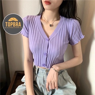 [Che Tên] Áo Croptop Dệt Kim Tay Ngắn Cổ Chữ V Style Hàn Quốc TOPBRA