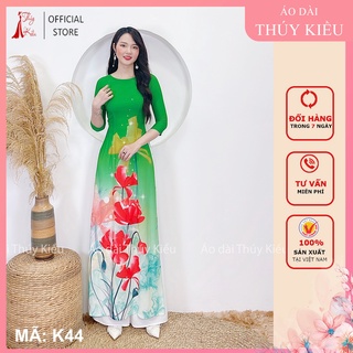 Áo dài nữ truyền thống thiết kế may sẵn tết cách tân nữ nền xanh hoa đỏ K44 Thúy Kiều mềm mại co giãn áo dài giá rẻ