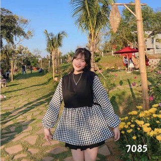 Áo kiểu nữ - Áo Babydoll phối caro form rộng - AO062