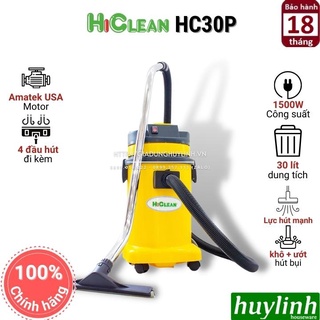 [Mã ELHAMS5 giảm 6% đơn 300K] Máy hút bụi công nghiệp Khô và Ướt HiClean HC30P - 30 lít - Thùng nhựa