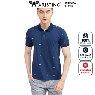 Áo Thun Polo Ngắn Tay Có Cổ Bẻ ARISTINO APS017S1 Áo Phông Nam Màu Xanh Than In Họa Tiết Dáng Suông Vải Cotton Cao Cấp