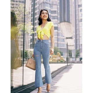 Quần jeans nữ ống loe dài lai tua rua mẫu mới kết hạt viền túi Đẹp Store 257