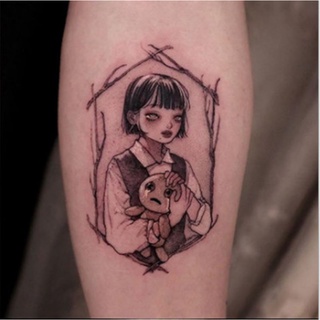 Hình xăm cô gái ôm gấu bông c28. Tatoo dán tạm thời size <10x6cm