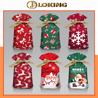 Túi đựng bánh kẹo thủ công có dây rút hoạ tiết Giáng sinh ( 50 túi/sp ) - LOKING