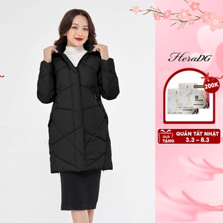 Áo Khoác Phao Nữ Dáng Dài HeraDG Túi Chéo Kèm Mũ Tháo Rời, 3 Lớp Vải Gió Chống Nước Chống Bám Bụi WJK20023