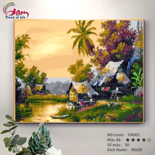 Tranh tự tô màu theo số sơn dầu số hóa Gam - Tranh làng quê thôn quê quê hương Việt Nam Bến quê mã VN001