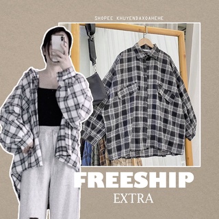 A026 Áo sơ mi kẻ caro tay bồng oversize nam nữ Áo chống nắng khoác ngoài đen trắng unisex dáng rộng hè thu dài tay phồng
